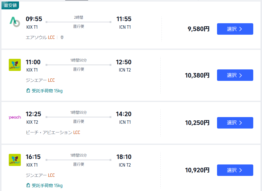 トリップドットコムで関空発仁川行の航空券を調べた結果、エアソウルが9580円で最安で、その次にジンエアーが10380円で安かった。