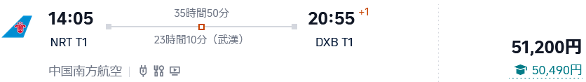 中国南方航空（東京→ドバイ経由便）
