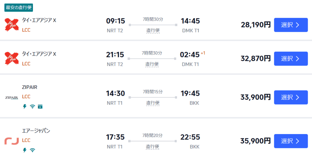 タイエアアジアX：28,190円
ZIP AIR：33,900円
エアージャパン：35,900円